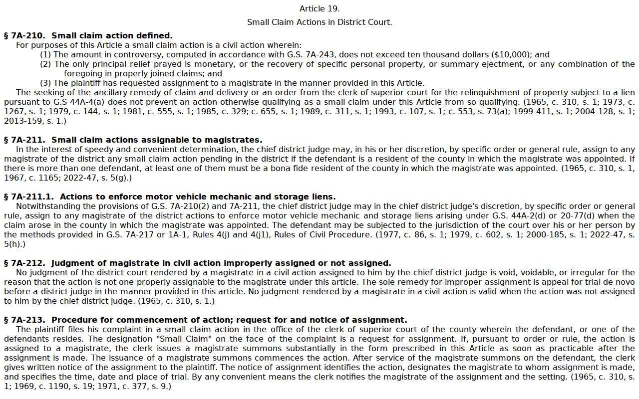 Iredell County civil docket magistrate small claim statute source