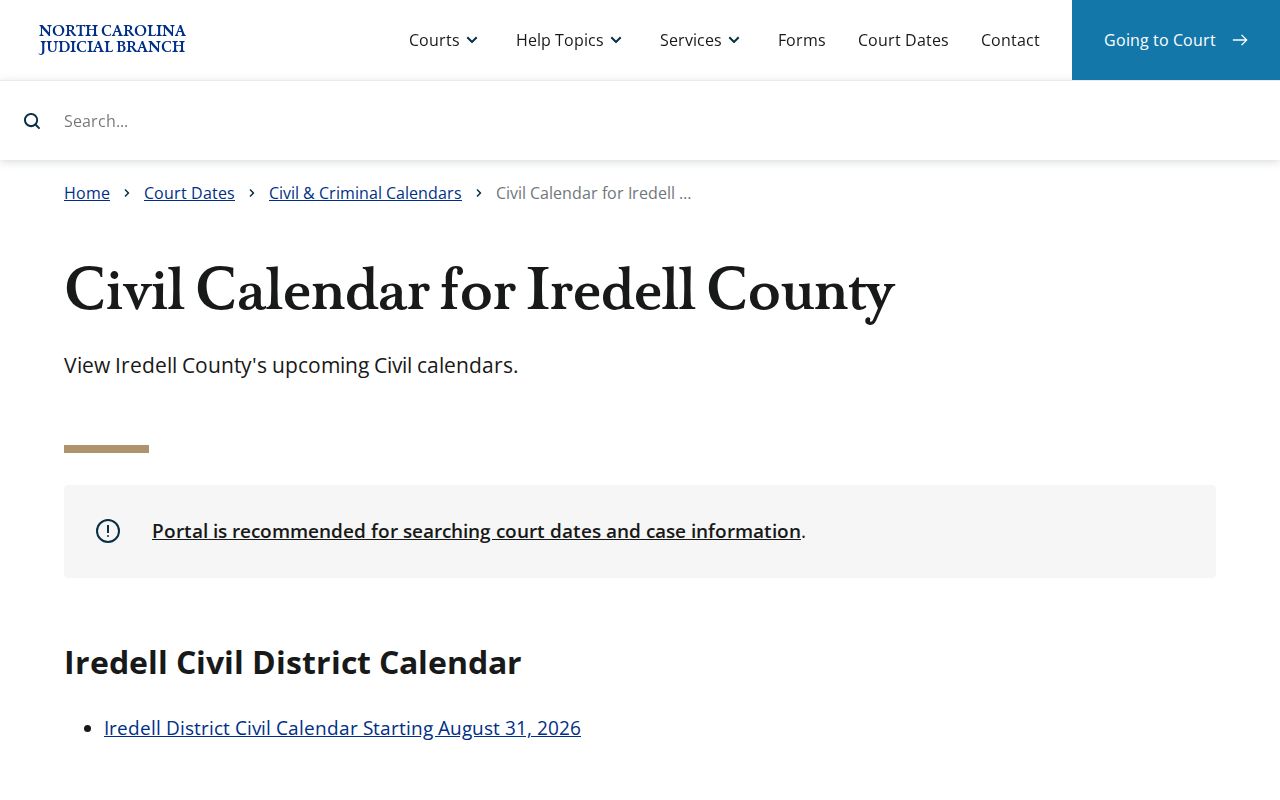 Iredell County court dates civil calendar source